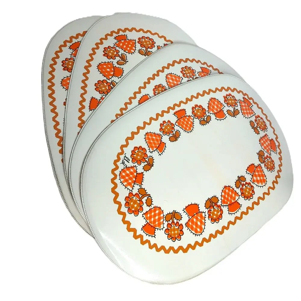 Vintage 70s Orange Mushroom Placemats Retro Floral Oval Table Mats Set of 4